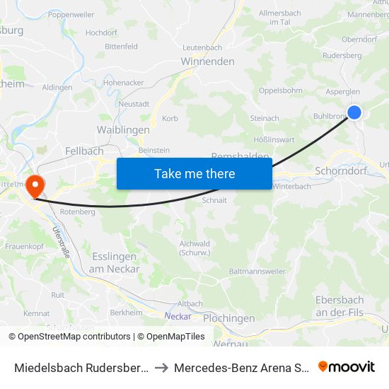 Miedelsbach Rudersberger Str. to Mercedes-Benz Arena Stuttgart map