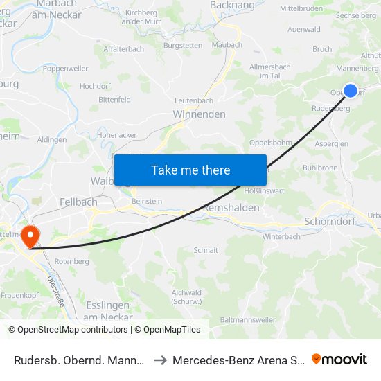 Rudersb. Obernd. Mannenb. Str. to Mercedes-Benz Arena Stuttgart map