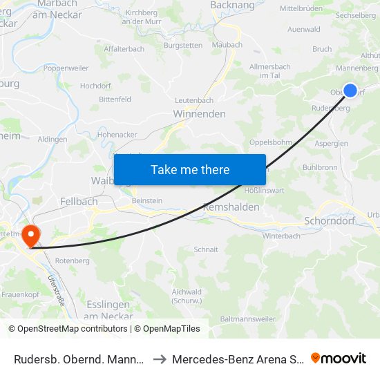 Rudersb. Obernd. Mannenb. Str. to Mercedes-Benz Arena Stuttgart map