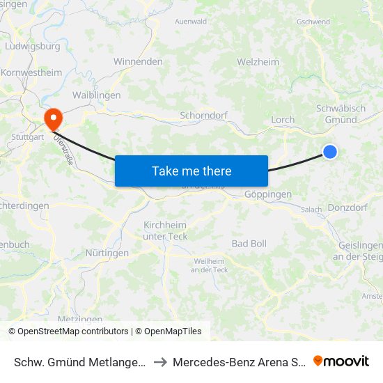 Schw. Gmünd Metlangen Abzw. to Mercedes-Benz Arena Stuttgart map