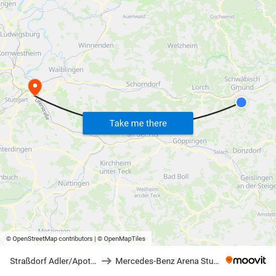 Straßdorf Adler/Apotheke to Mercedes-Benz Arena Stuttgart map