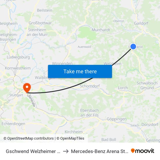 Gschwend Welzheimer Straße to Mercedes-Benz Arena Stuttgart map