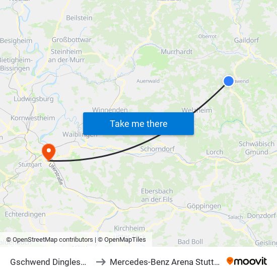 Gschwend Dinglesmad to Mercedes-Benz Arena Stuttgart map