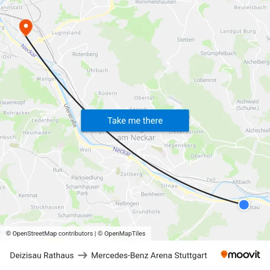Deizisau Rathaus to Mercedes-Benz Arena Stuttgart map