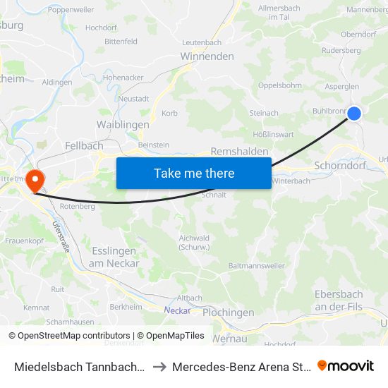 Miedelsbach Tannbachbrücke to Mercedes-Benz Arena Stuttgart map
