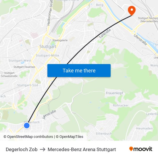 Degerloch Zob to Mercedes-Benz Arena Stuttgart map