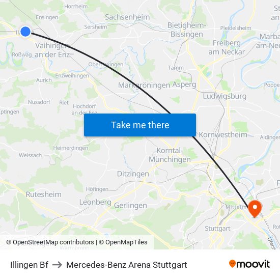 Illingen Bf to Mercedes-Benz Arena Stuttgart map