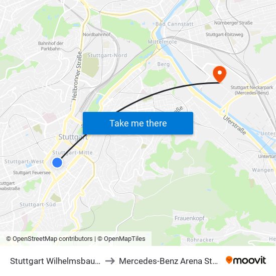 Stuttgart Wilhelmsbau (Sev) to Mercedes-Benz Arena Stuttgart map