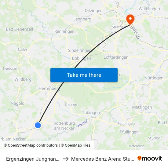 Ergenzingen Junghansring to Mercedes-Benz Arena Stuttgart map