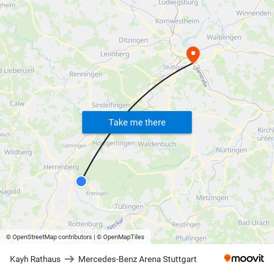 Kayh Rathaus to Mercedes-Benz Arena Stuttgart map