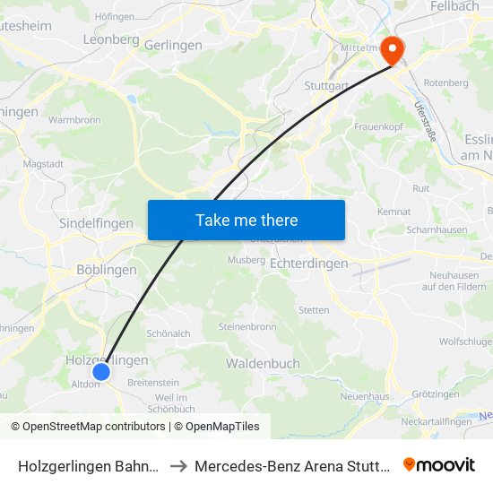 Holzgerlingen Bahnhof to Mercedes-Benz Arena Stuttgart map