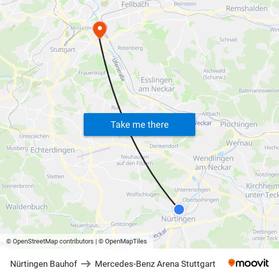 Nürtingen Bauhof to Mercedes-Benz Arena Stuttgart map
