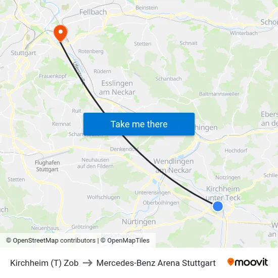 Kirchheim (T) Zob to Mercedes-Benz Arena Stuttgart map