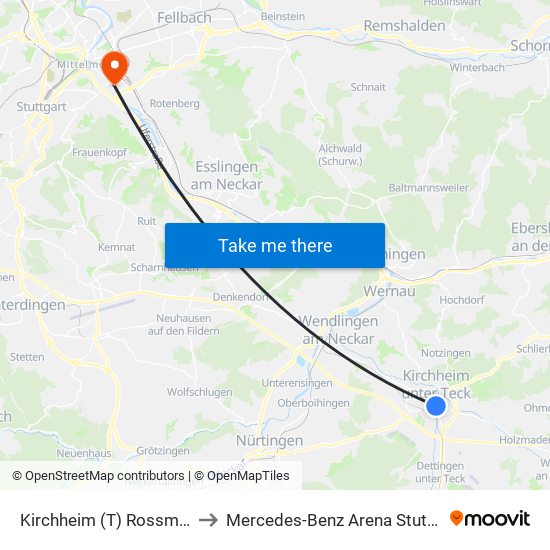 Kirchheim (T) Rossmarkt to Mercedes-Benz Arena Stuttgart map