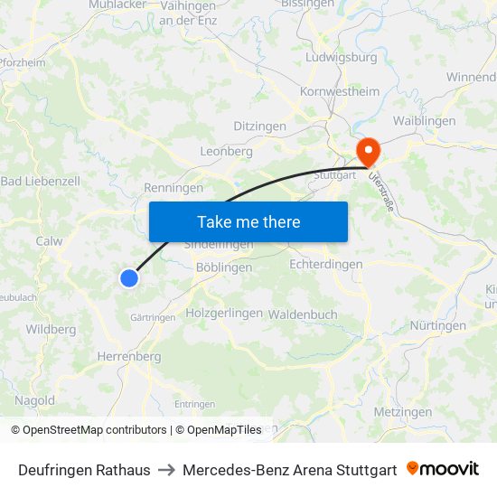 Deufringen Rathaus to Mercedes-Benz Arena Stuttgart map