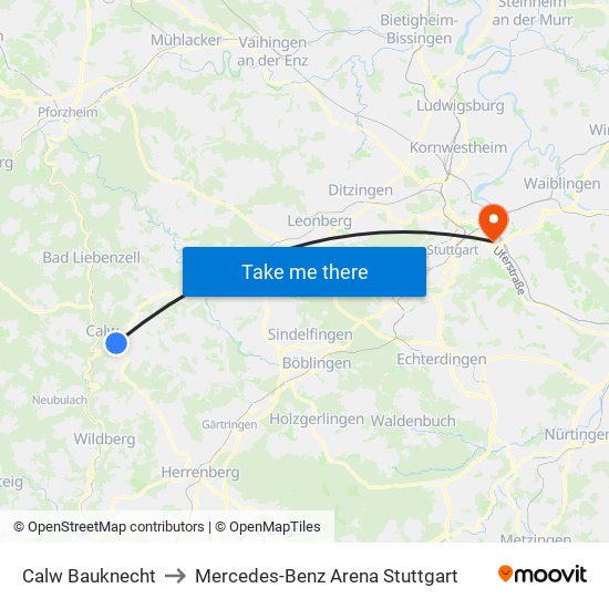 Calw Bauknecht to Mercedes-Benz Arena Stuttgart map