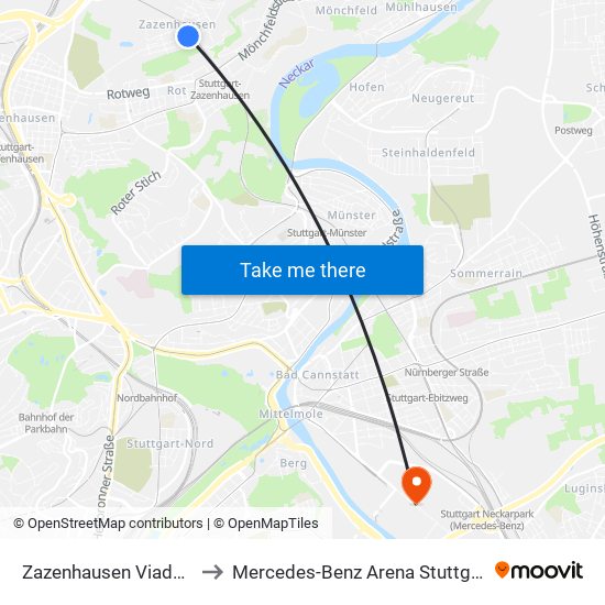 Zazenhausen Viadukt to Mercedes-Benz Arena Stuttgart map