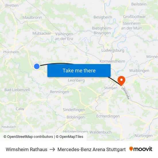 Wimsheim Rathaus to Mercedes-Benz Arena Stuttgart map