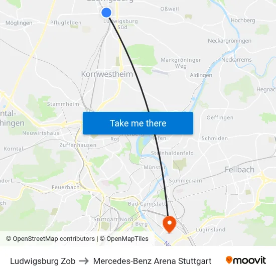 Ludwigsburg Zob to Mercedes-Benz Arena Stuttgart map