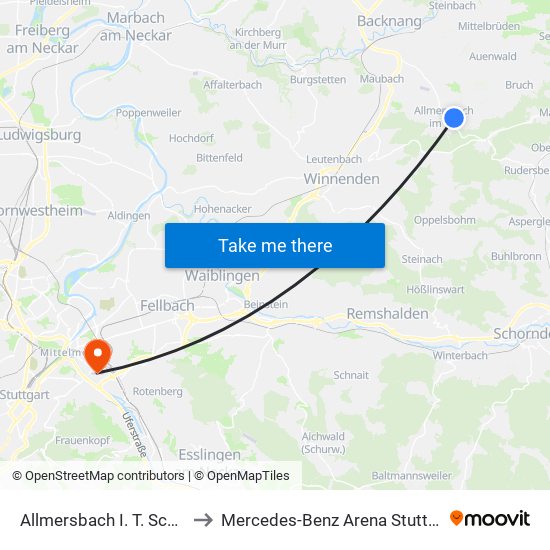 Allmersbach I. T. Schule to Mercedes-Benz Arena Stuttgart map