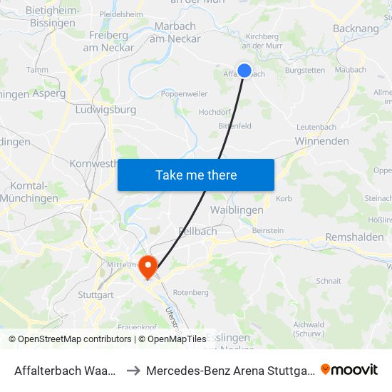 Affalterbach Waage to Mercedes-Benz Arena Stuttgart map