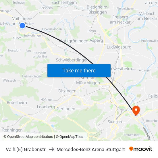 Vaih.(E) Grabenstr. to Mercedes-Benz Arena Stuttgart map