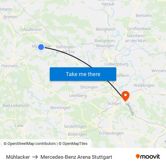 Mühlacker to Mercedes-Benz Arena Stuttgart map
