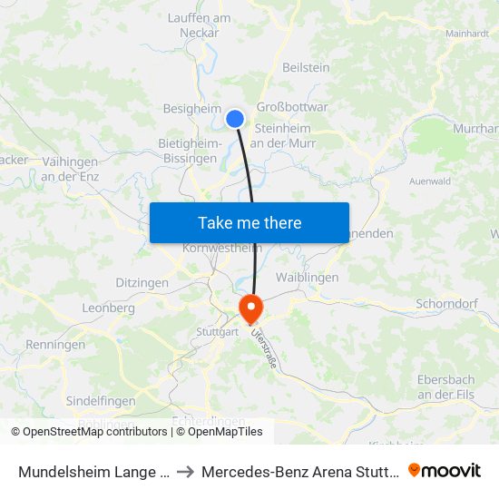 Mundelsheim Lange Str. to Mercedes-Benz Arena Stuttgart map