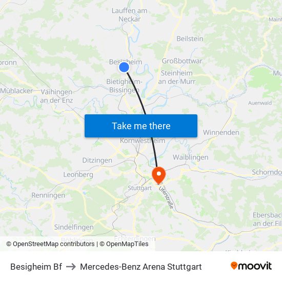 Besigheim Bf to Mercedes-Benz Arena Stuttgart map