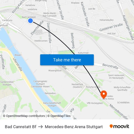 Bad Cannstatt Bf to Mercedes-Benz Arena Stuttgart map