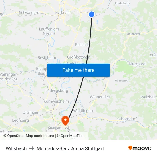 Willsbach to Mercedes-Benz Arena Stuttgart map