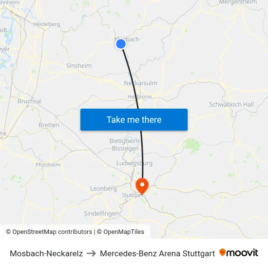 Mosbach-Neckarelz to Mercedes-Benz Arena Stuttgart map