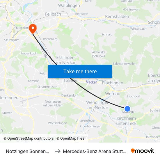 Notzingen Sonnenweg to Mercedes-Benz Arena Stuttgart map