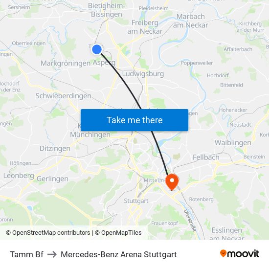 Tamm Bf to Mercedes-Benz Arena Stuttgart map