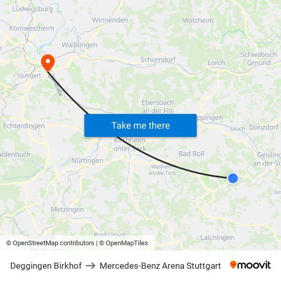 Deggingen Birkhof to Mercedes-Benz Arena Stuttgart map