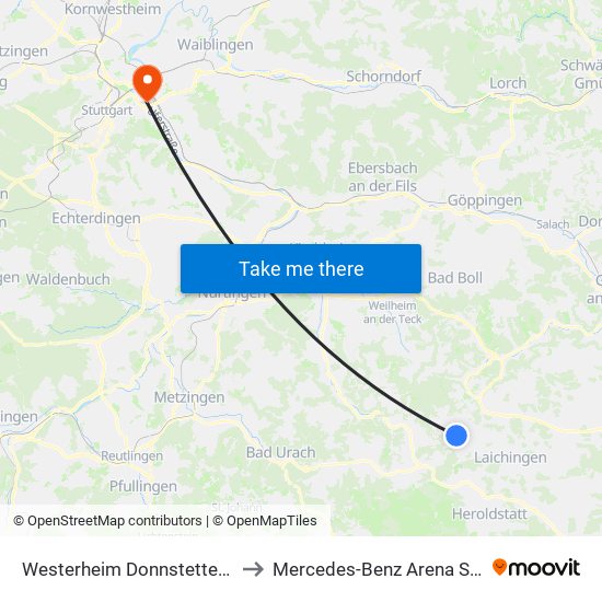 Westerheim Donnstetter Straße to Mercedes-Benz Arena Stuttgart map