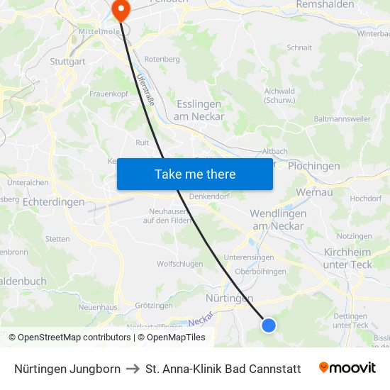 Nürtingen Jungborn to St. Anna-Klinik Bad Cannstatt map