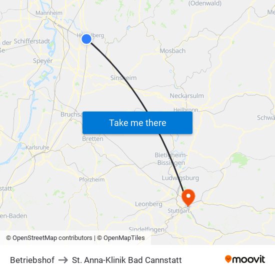 Betriebshof to St. Anna-Klinik Bad Cannstatt map