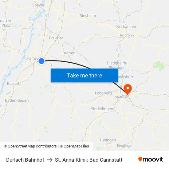 Durlach Bahnhof to St. Anna-Klinik Bad Cannstatt map