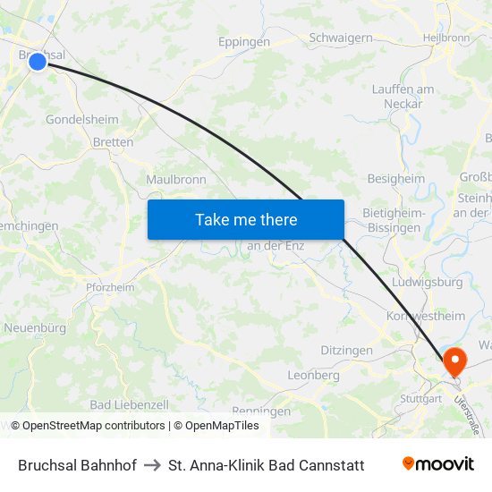 Bruchsal Bahnhof to St. Anna-Klinik Bad Cannstatt map