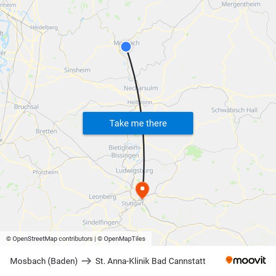 Mosbach (Baden) to St. Anna-Klinik Bad Cannstatt map