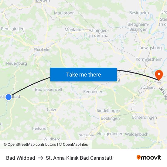 Bad Wildbad to St. Anna-Klinik Bad Cannstatt map