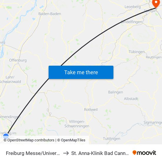 Freiburg Messe/Universität to St. Anna-Klinik Bad Cannstatt map