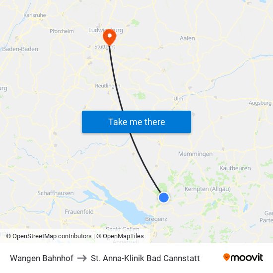 Wangen Bahnhof to St. Anna-Klinik Bad Cannstatt map