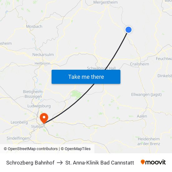 Schrozberg Bahnhof to St. Anna-Klinik Bad Cannstatt map