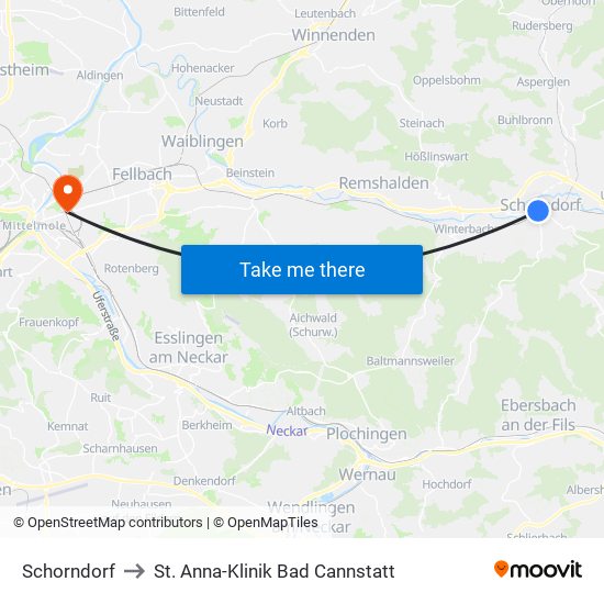 Schorndorf to St. Anna-Klinik Bad Cannstatt map