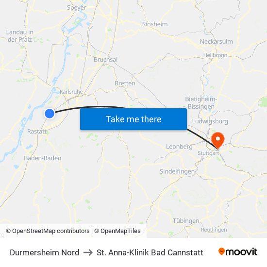 Durmersheim Nord to St. Anna-Klinik Bad Cannstatt map