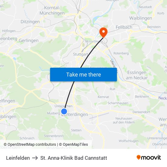 Leinfelden to St. Anna-Klinik Bad Cannstatt map