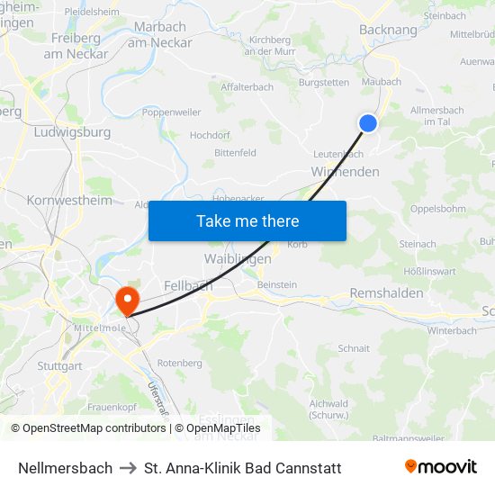 Nellmersbach to St. Anna-Klinik Bad Cannstatt map