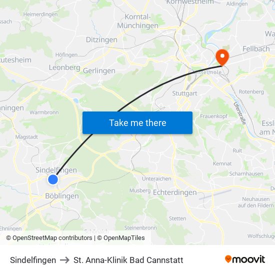 Sindelfingen to St. Anna-Klinik Bad Cannstatt map